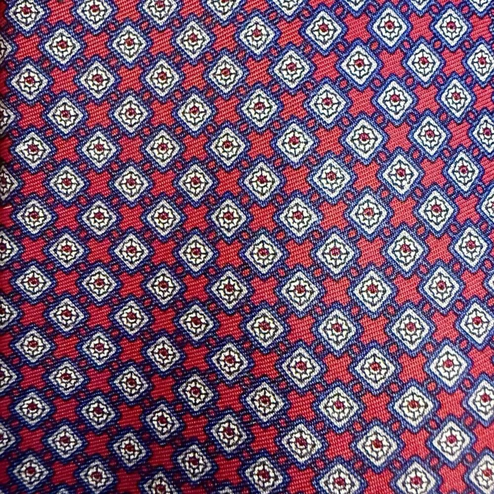 CHRISTIAN DIOR Men's Silk Tie - Red Navy Diamond Square Geometric 55.5